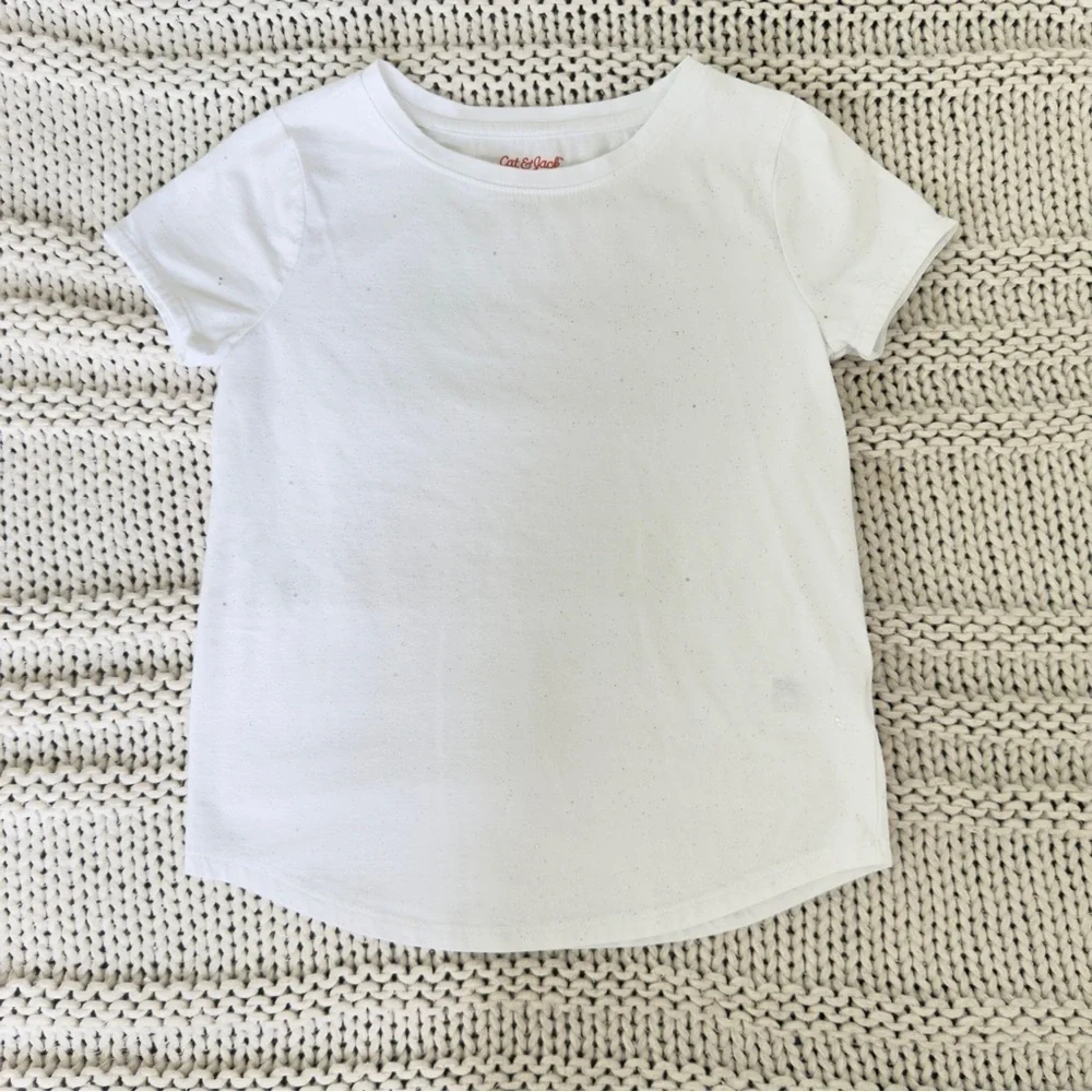 Cat & Jack Bright White Short Sleeve Glitter Girl's Tee Medium 7/8